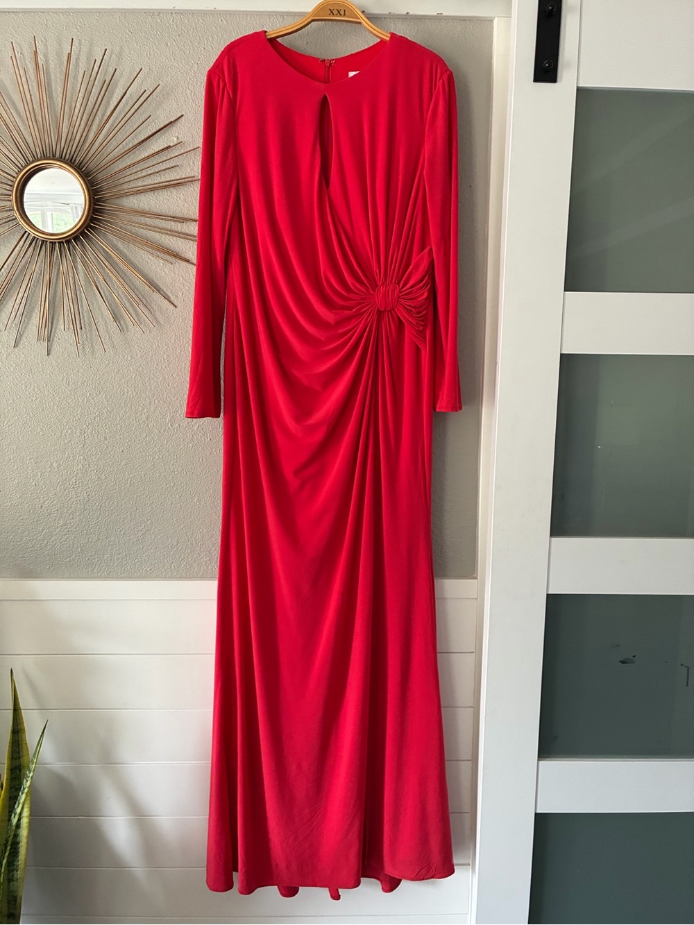 Red Long-Sleeve Knot-Detail Evening Gown